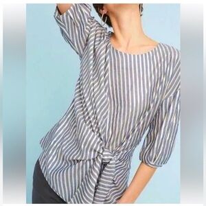 Anthropologie Eva Franco Yang Gold Striped Blouse w/Tie at Waist sz 10